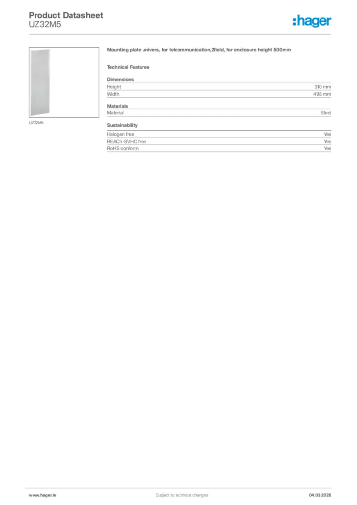 Image Hager Product data sheet UZ32M5  | Hager