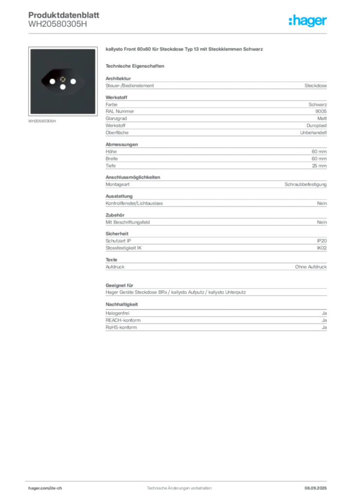 Bild Hager Produktdatenblatt WH20580305H | Hager Schweiz