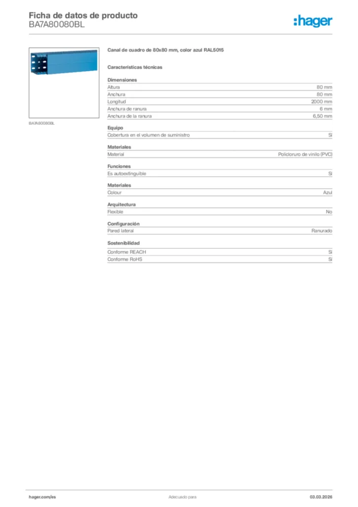 Imagen Hager Ficha de datos de producto BA7A80080BL | Hager España