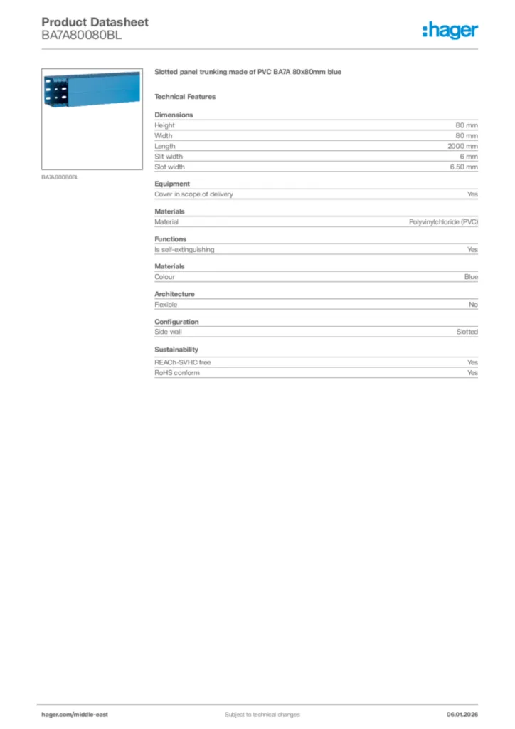 Image Hager Product data sheet BA7A80080BL  | Hager
