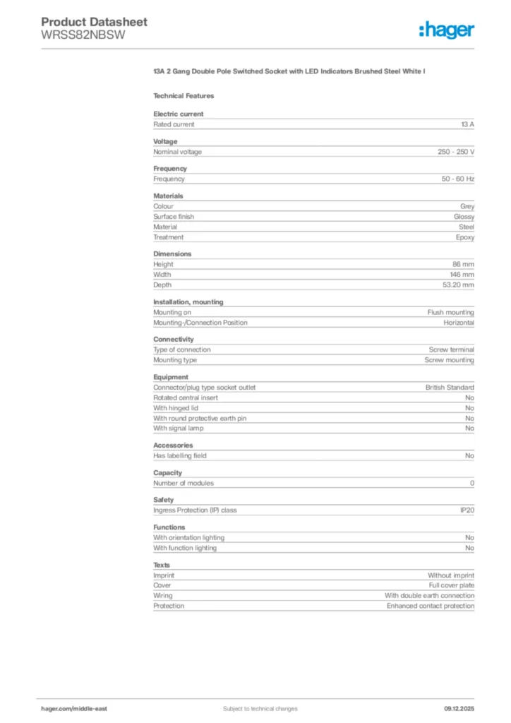 Image Hager Product data sheet WRSS82NBSW  | Hager