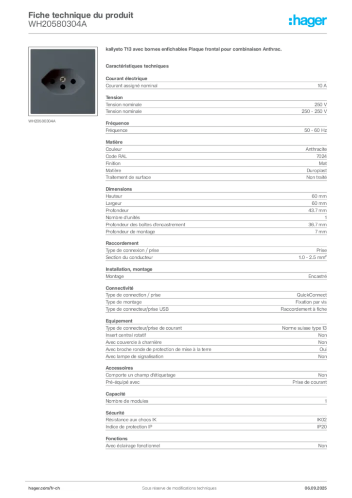 Image Hager Fiche technique du produit WH20580304A | Hager Suisse
