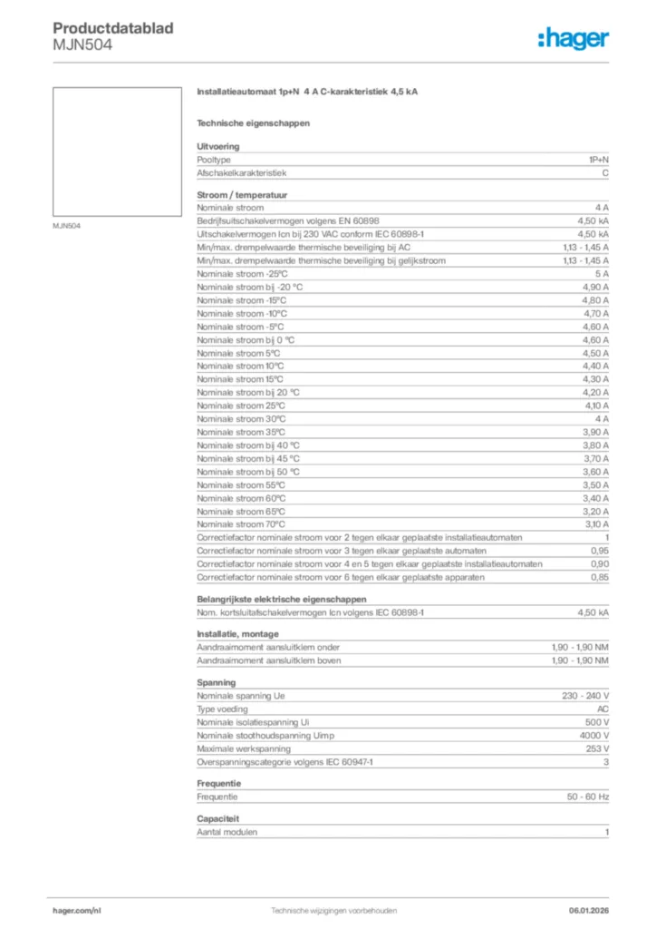 Afbeelding Hager Productdatablad MJN504 | Hager Nederland