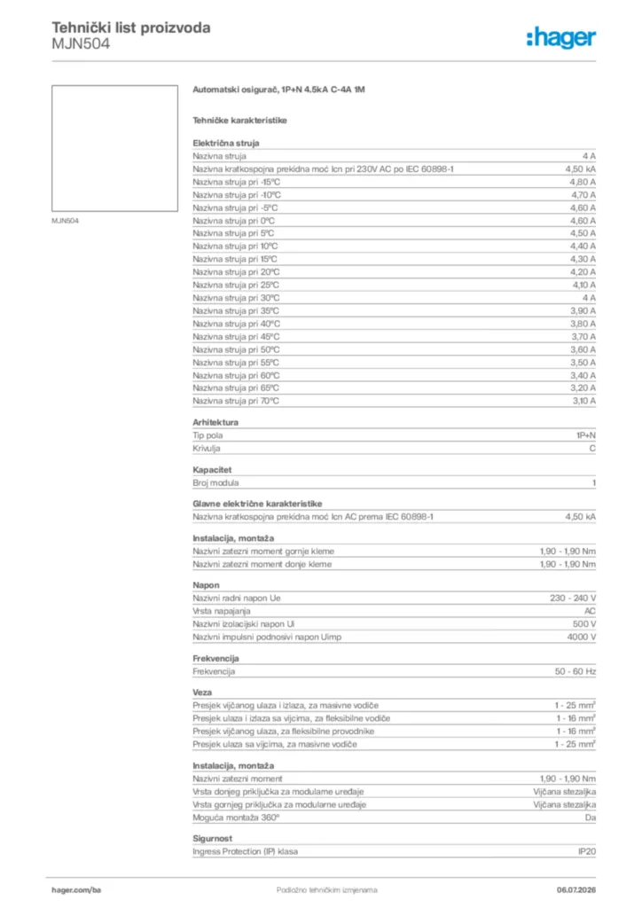 Slika Hager Tehnički list proizvoda MJN504  | Hager