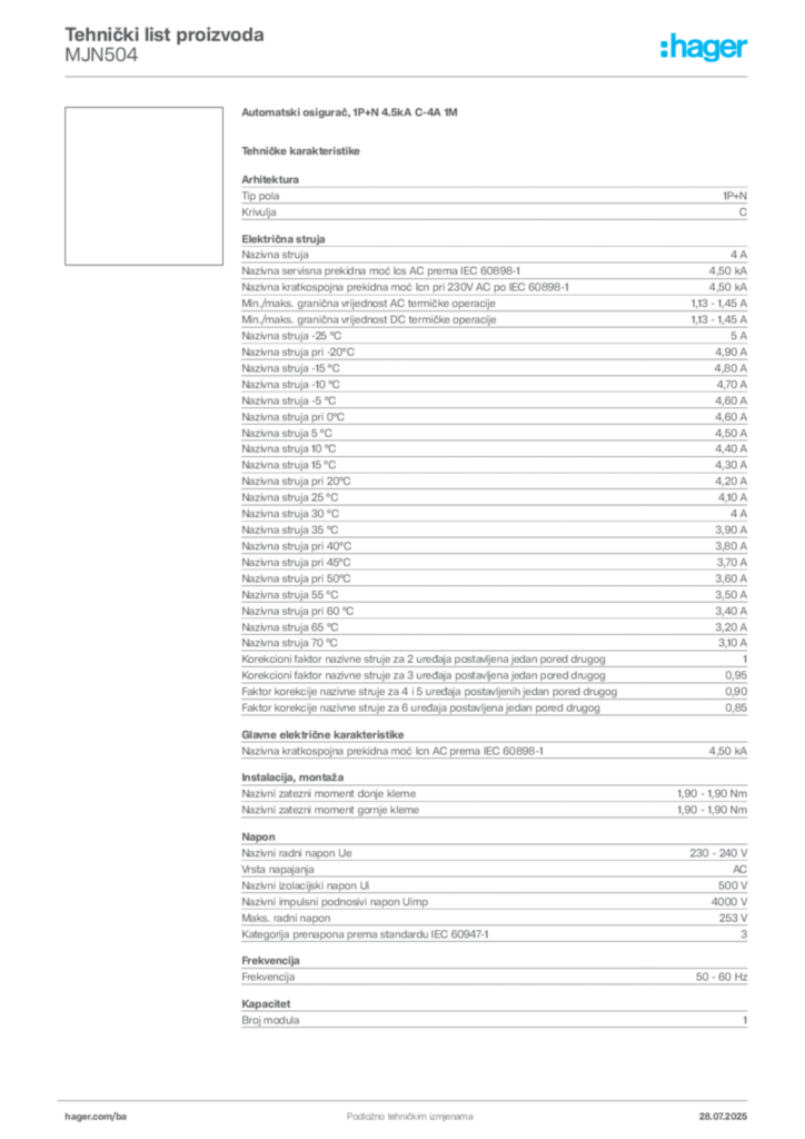 Slika Hager Product data sheet MJN504  | Hager