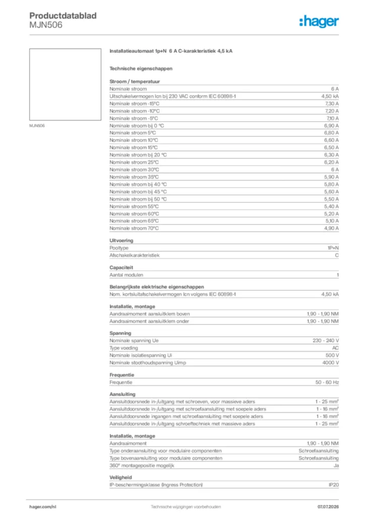 Afbeelding Hager Productdatablad MJN506 | Hager Nederland