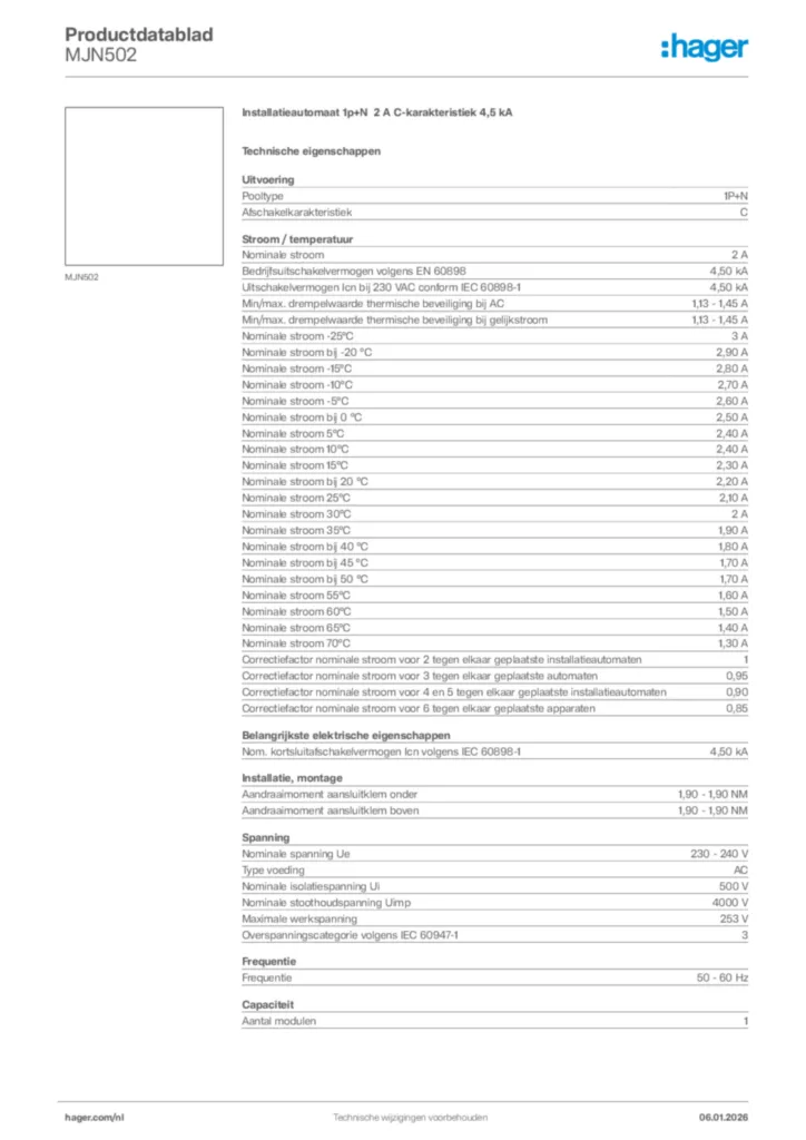 Afbeelding Hager Productdatablad MJN502 | Hager Nederland