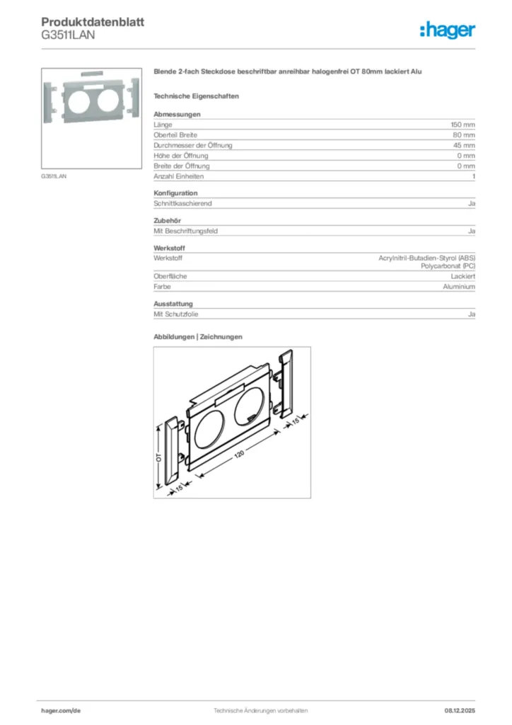Bild Hager Produktdatenblatt G3511LAN | Hager Deutschland