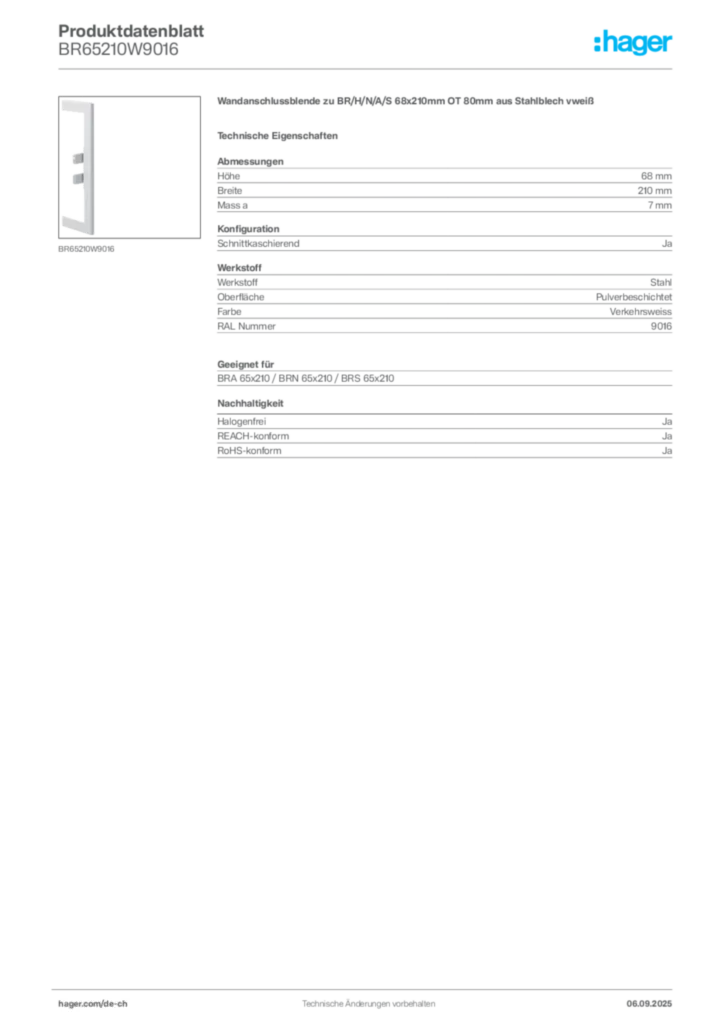 Bild Hager Produktdatenblatt BR65210W9016 | Hager Schweiz