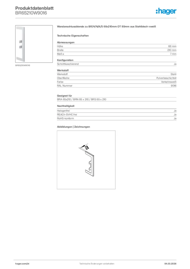Bild Hager Produktdatenblatt BR65210W9016 | Hager Deutschland
