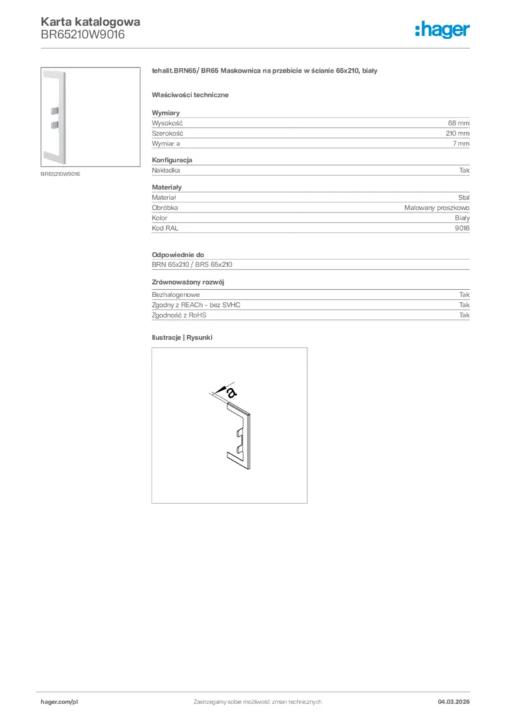 Zdjęcie Hager Karta katalogowa BR65210W9016 | Hager Polska