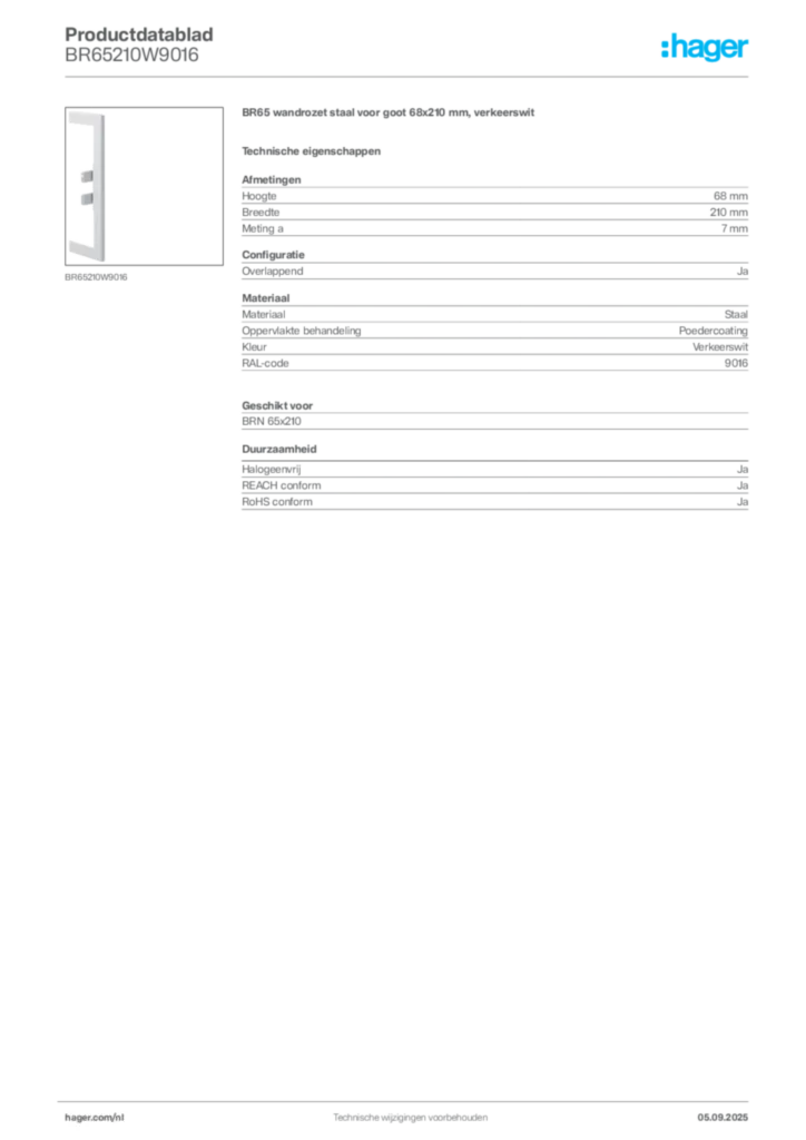 Afbeelding Hager Productdatablad BR65210W9016 | Hager Nederland