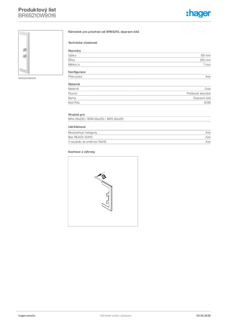 Obrázek Hager Product data sheet BR65210W9016 | Hager