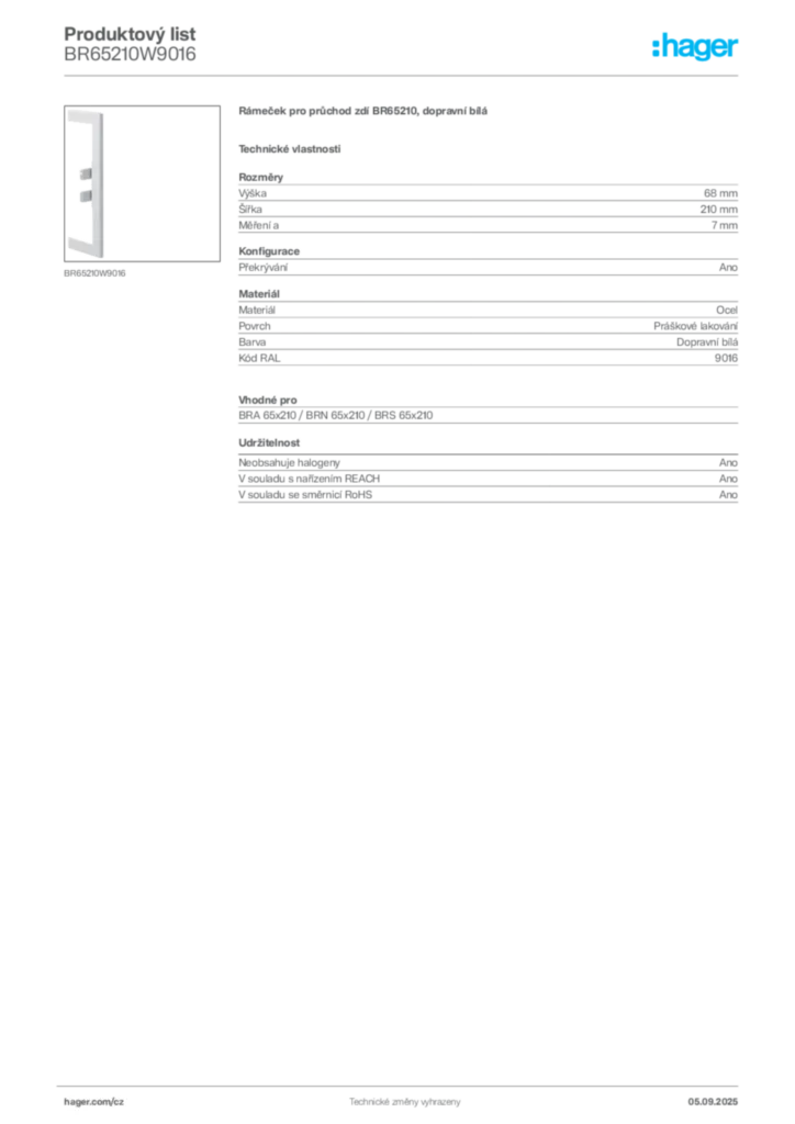 Obrázek Hager Produktový list BR65210W9016 | Hager