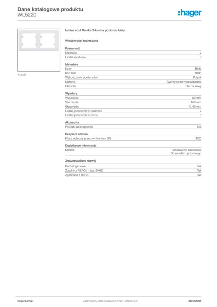 Zdjęcie Hager Karta katalogowa WL5220 | Hager Polska