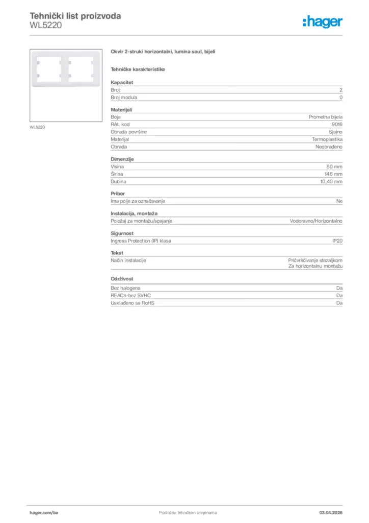 Slika Hager Tehnički list proizvoda WL5220  | Hager