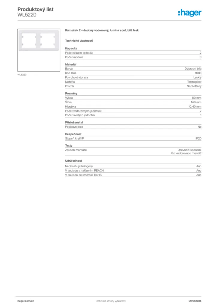 Obrázek Hager Produktový list WL5220 | Hager
