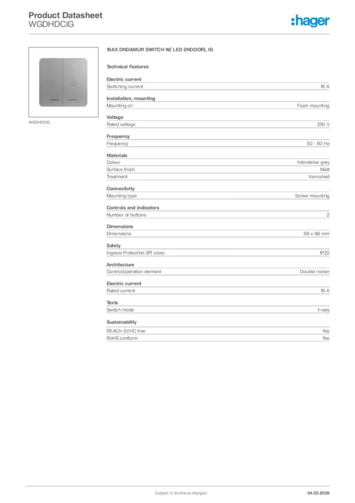 Image Hager Product data sheet WGDHDCIG  | Hager