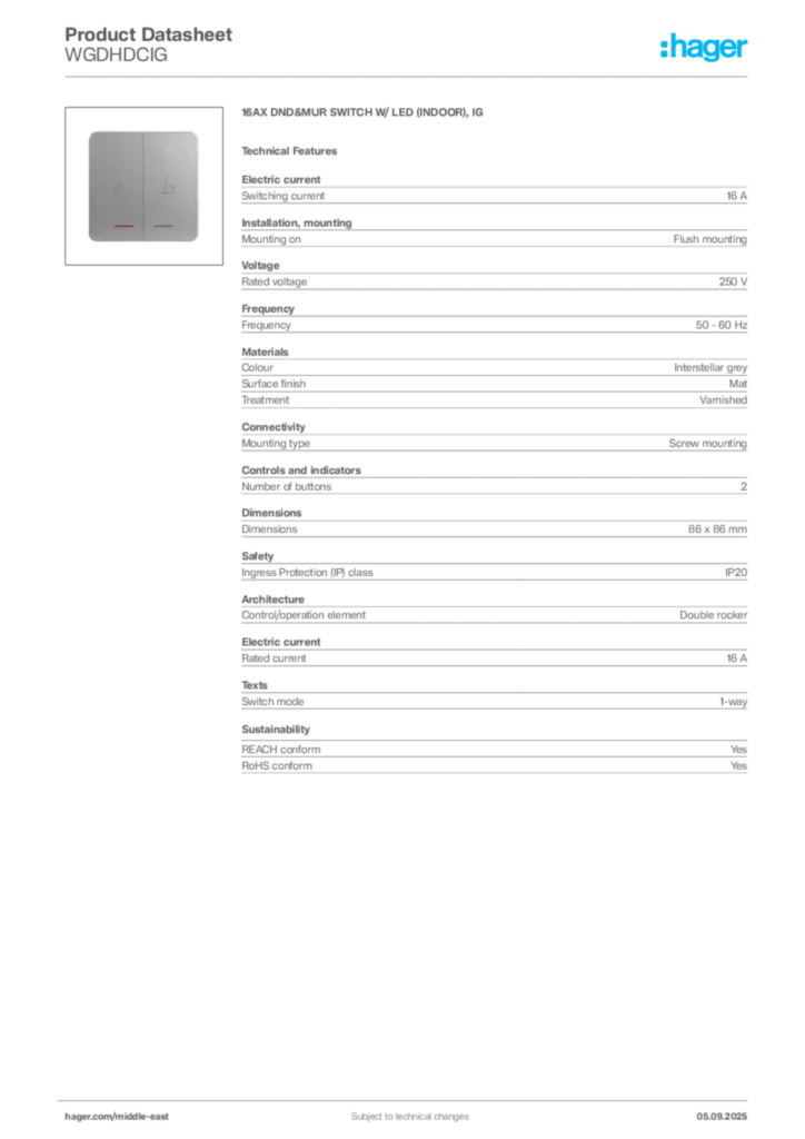 Image Hager Product data sheet WGDHDCIG  | Hager