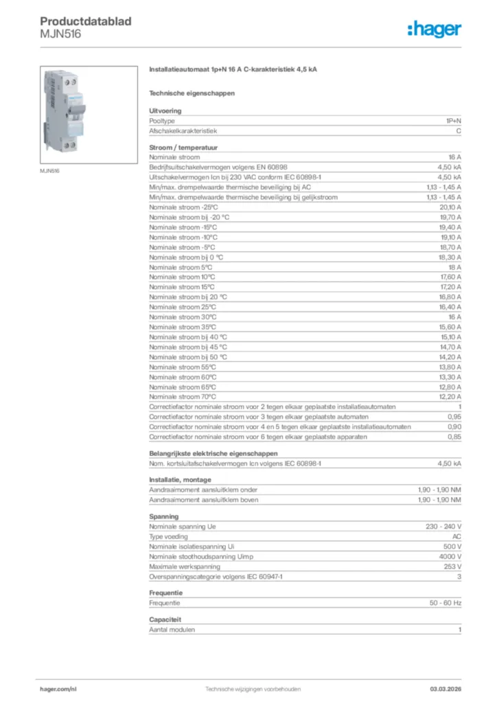 Afbeelding Hager Productdatablad MJN516 | Hager Nederland