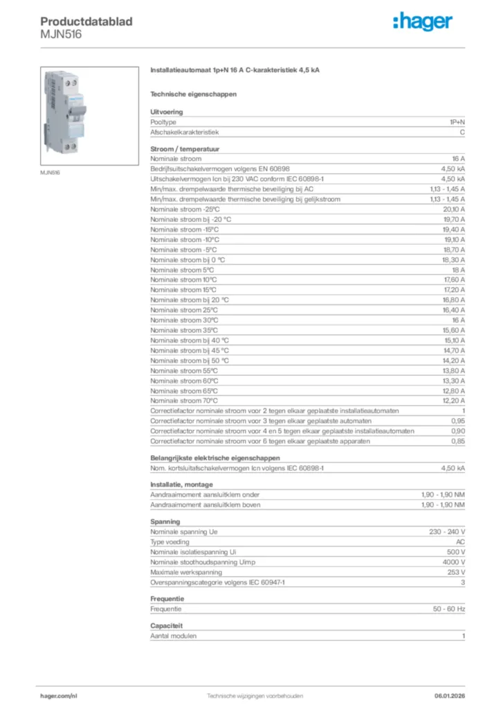Afbeelding Hager Productdatablad MJN516 | Hager Nederland