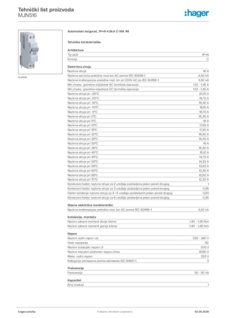 Slika Hager Tehnički list proizvoda MJN516  | Hager