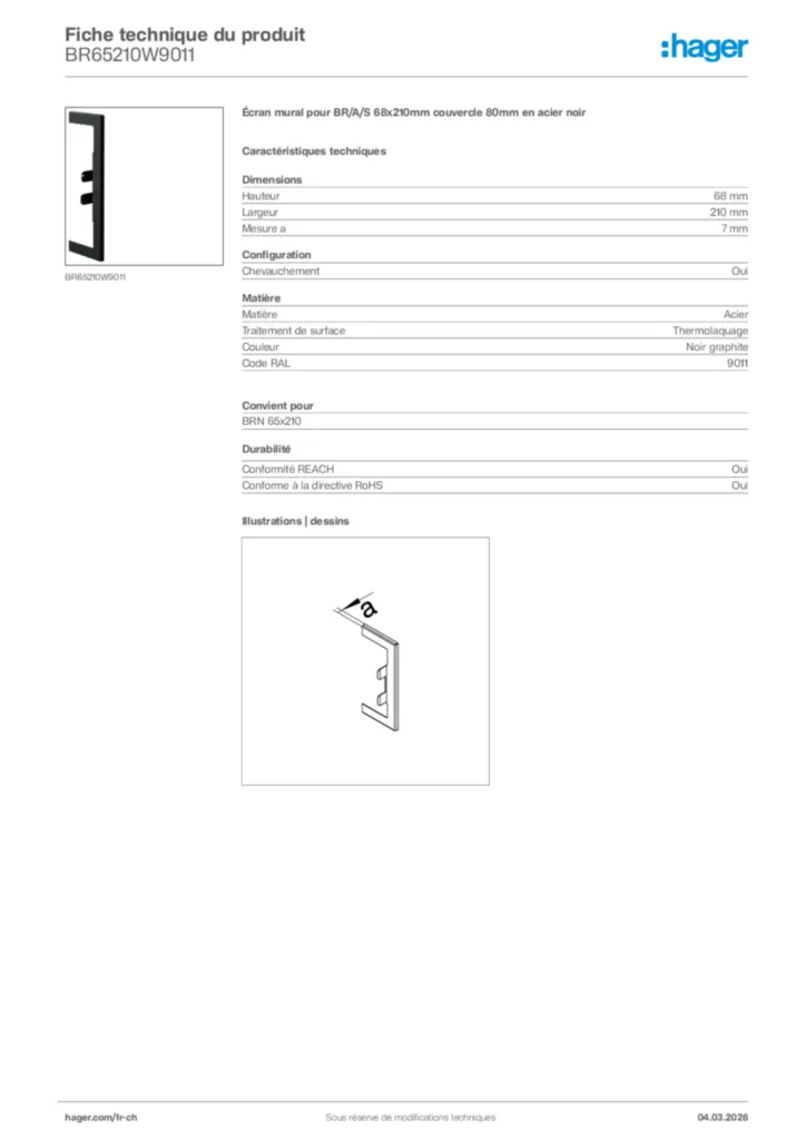 Image Hager Fiche technique du produit BR65210W9011 | Hager Suisse