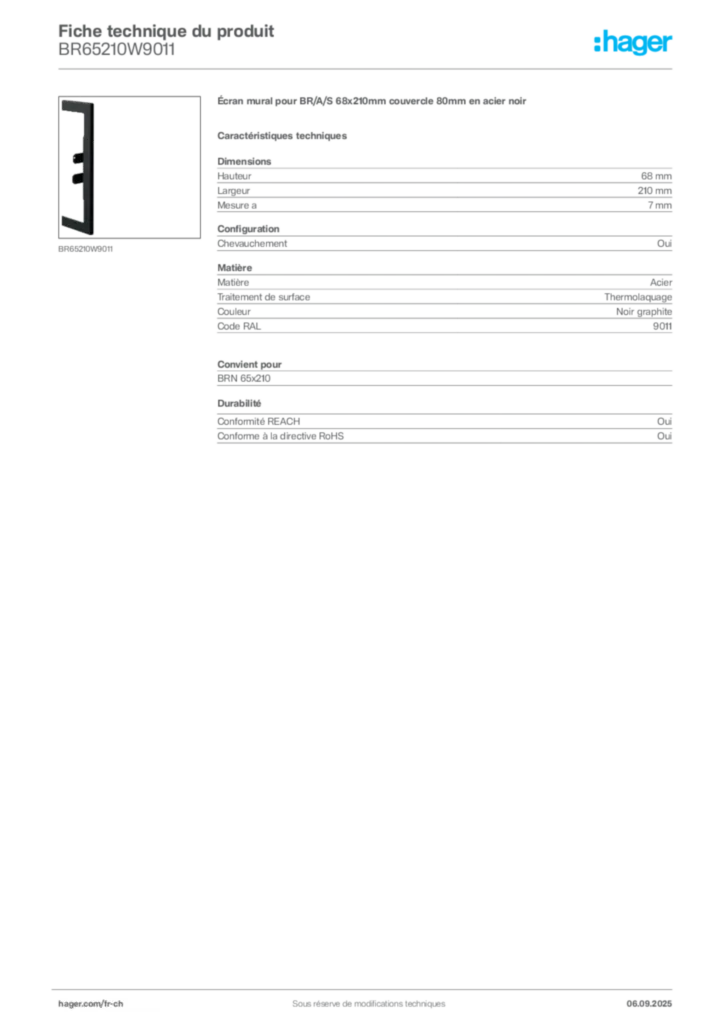 Image Hager Fiche technique du produit BR65210W9011 | Hager Suisse