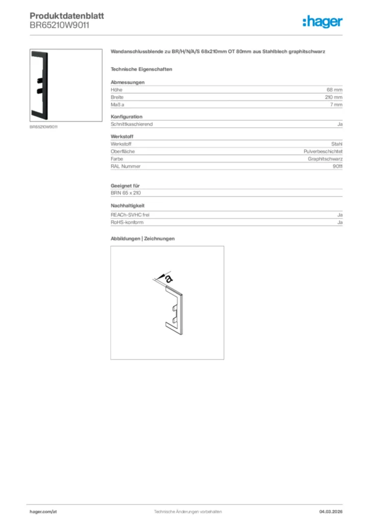 Bild Hager Produktdatenblatt BR65210W9011 | Hager Deutschland