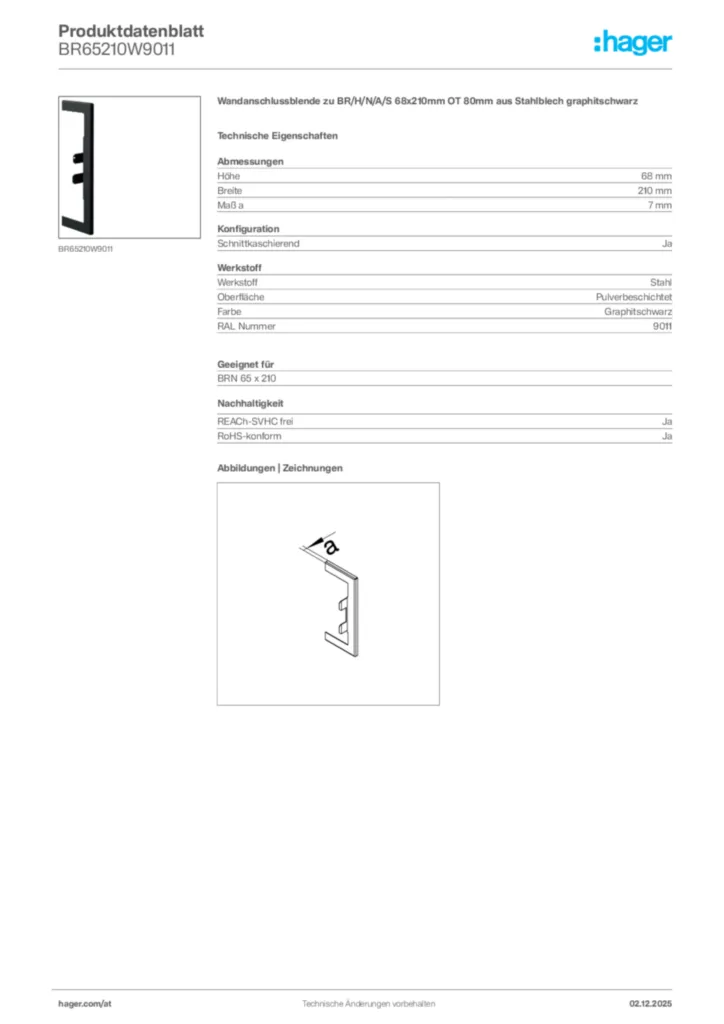Bild Hager Produktdatenblatt BR65210W9011 | Hager Deutschland