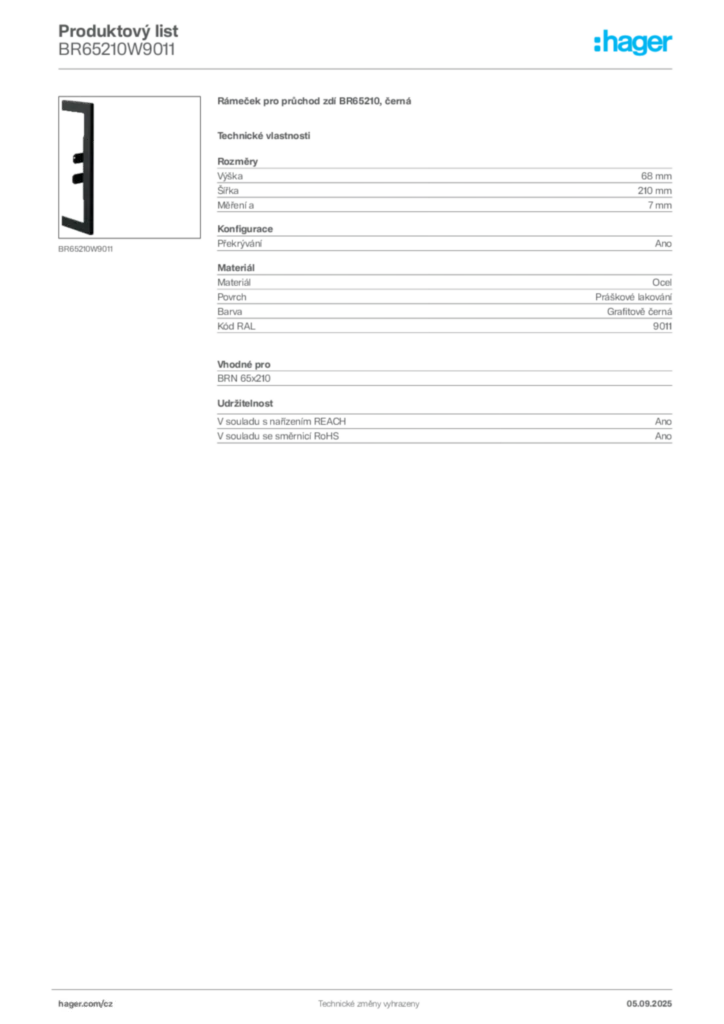 Obrázek Hager Produktový list BR65210W9011 | Hager