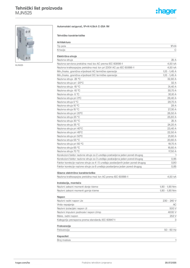 Slika Hager Product data sheet MJN525  | Hager
