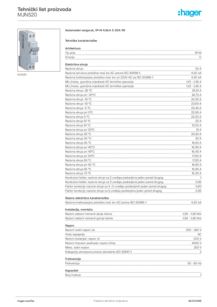 Slika Hager Product data sheet MJN520  | Hager