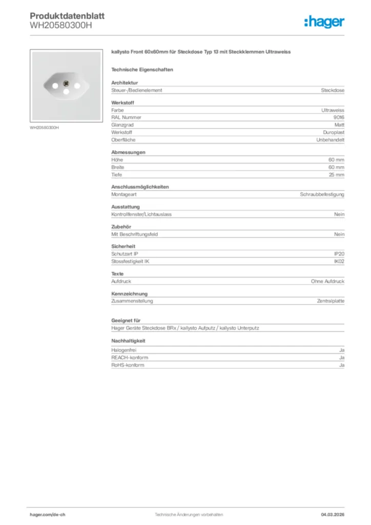 Bild Hager Produktdatenblatt WH20580300H | Hager Schweiz