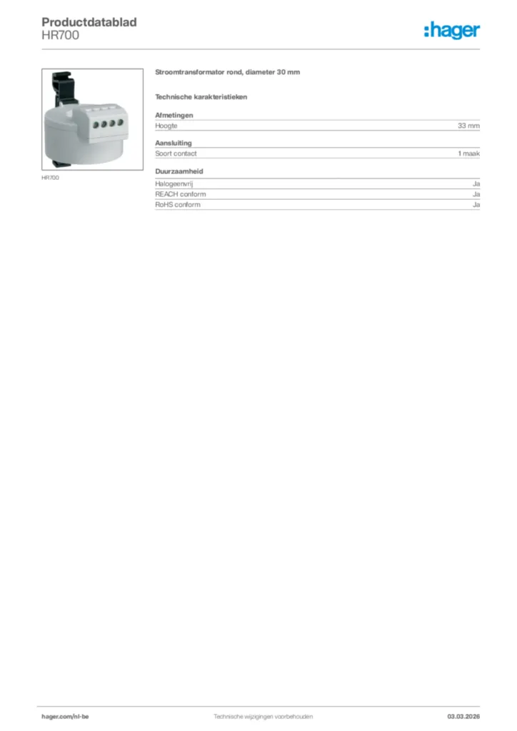 Afbeelding Hager Productdatablad HR700 | Hager Belgium