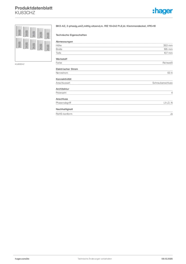 Bild Hager Produktdatenblatt KU83CHZ | Hager Deutschland