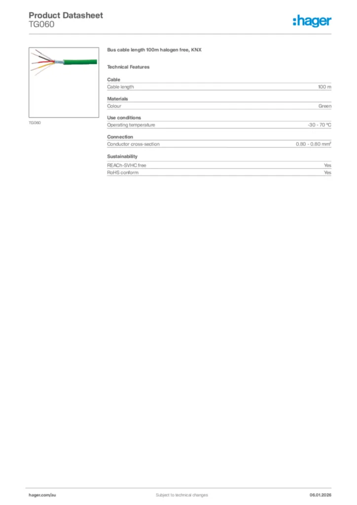 Image Hager Product data sheet TG060  | Hager Australia