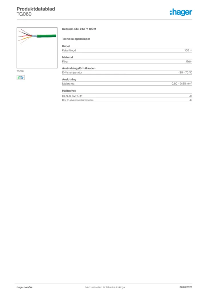 Bild Hager Produktdatablad TG060 | Hager Sverige