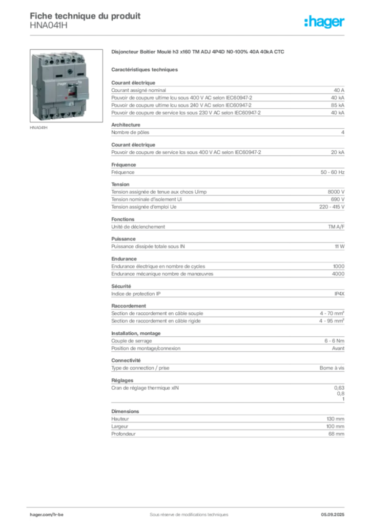Image Hager Fiche technique du produit HNA041H | Hager Belgique