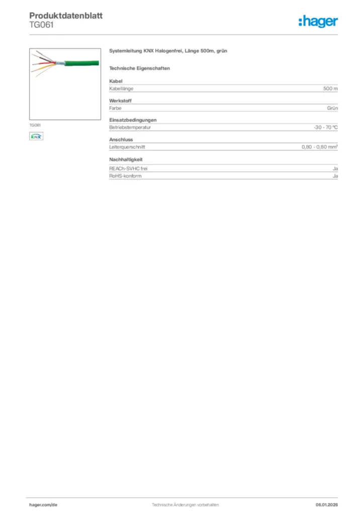 Bild Hager Produktdatenblatt TG061 | Hager Deutschland