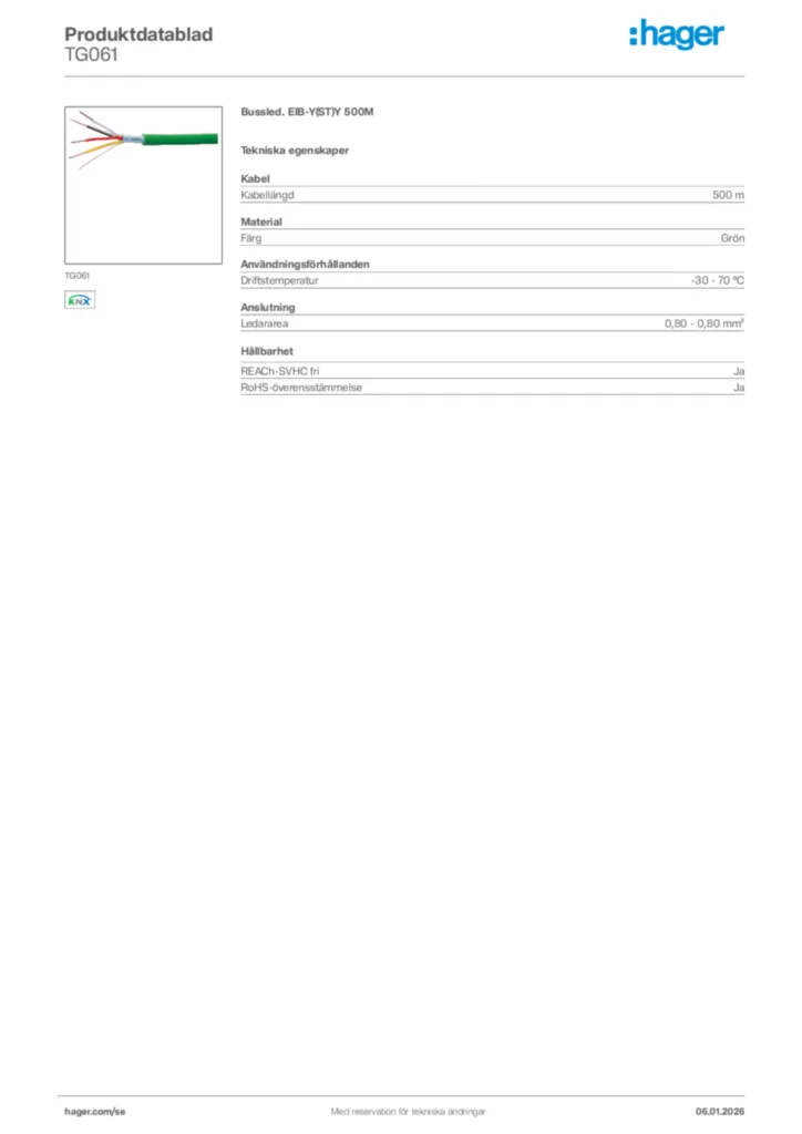 Bild Hager Produktdatablad TG061 | Hager Sverige