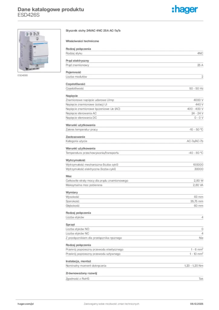 Zdjęcie Hager Karta katalogowa ESD426S | Hager Polska