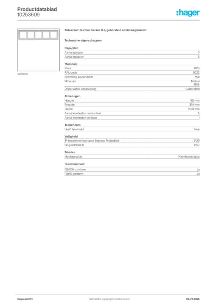 Afbeelding Hager Productdatablad 10253609 | Hager Nederland