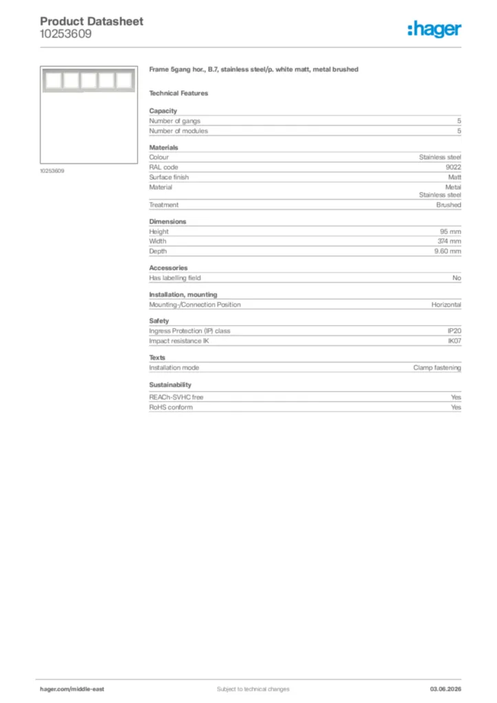 Image Hager Product data sheet 10253609  | Hager