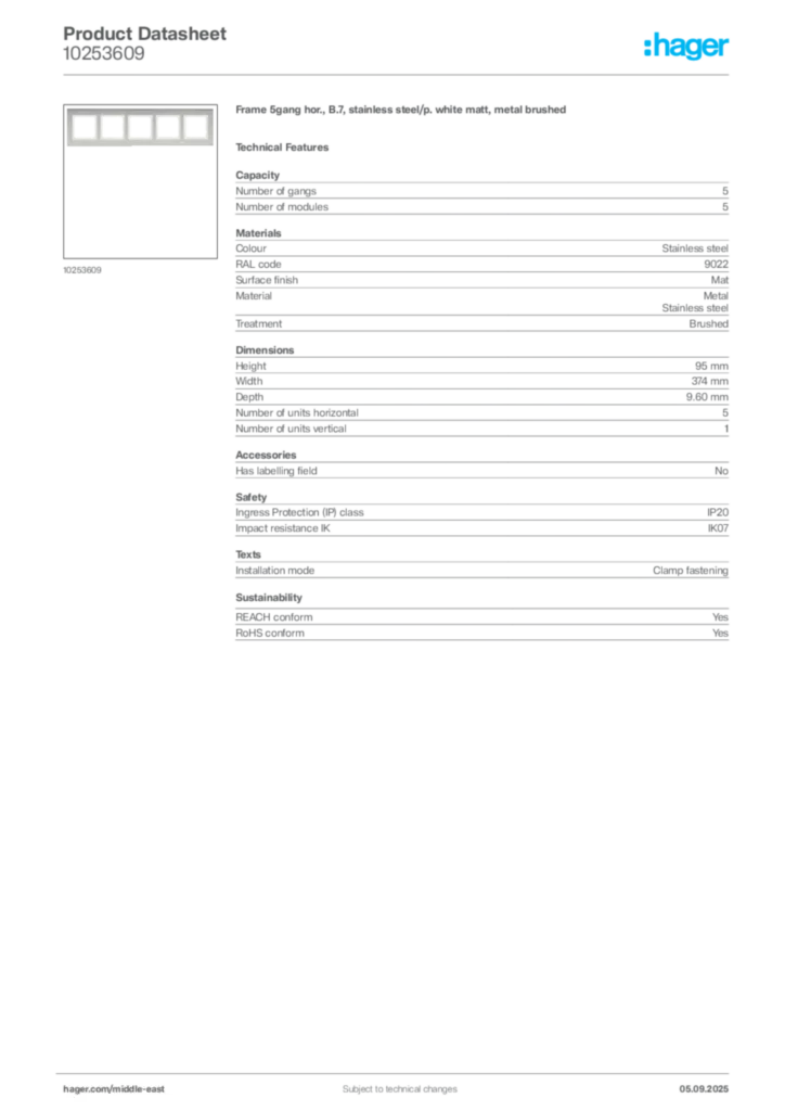 Image Hager Product data sheet 10253609  | Hager