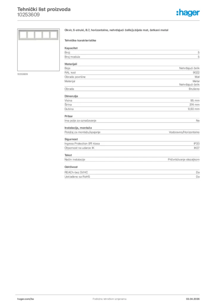 Slika Hager Tehnički list proizvoda 10253609  | Hager