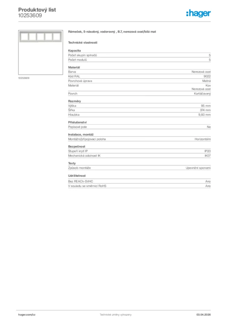 Obrázek Hager Product data sheet 10253609 | Hager