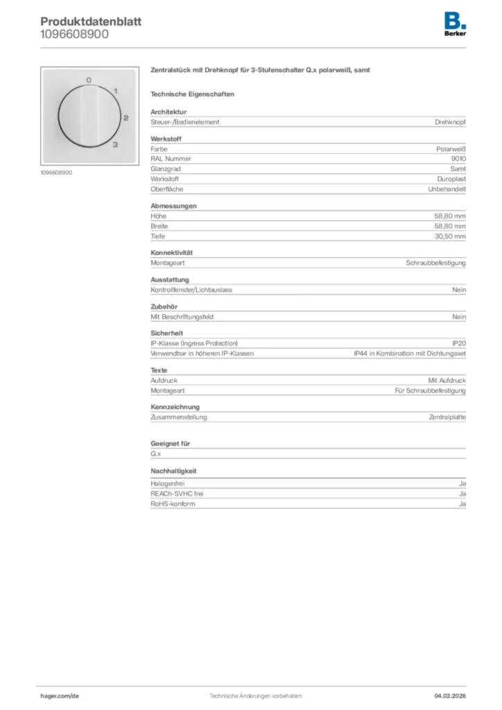 Bild Berker Produktdatenblatt 1096608900 | Hager Deutschland
