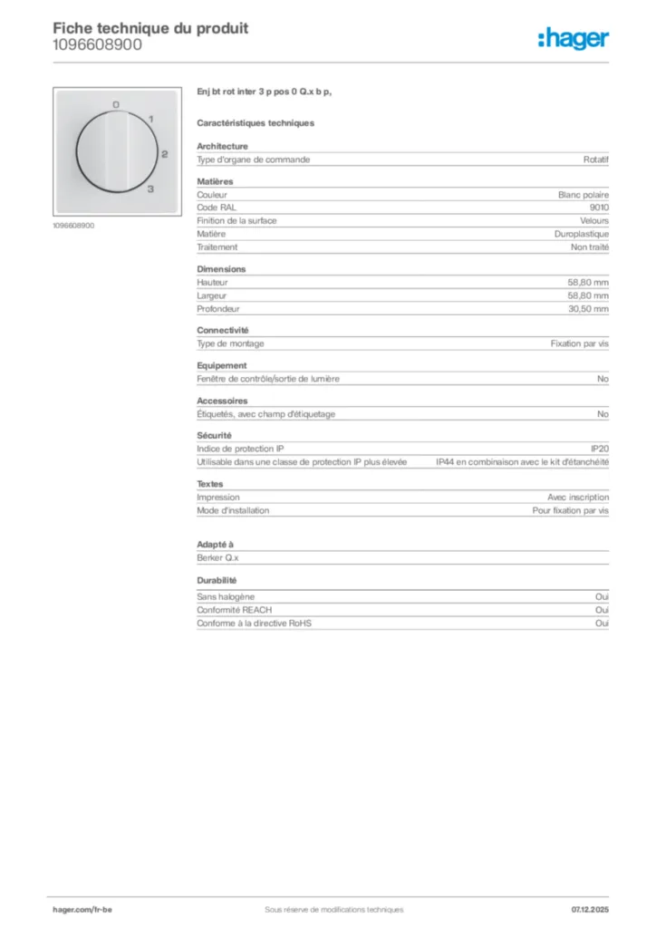 Image Hager Fiche technique du produit 1096608900 | Hager Belgique