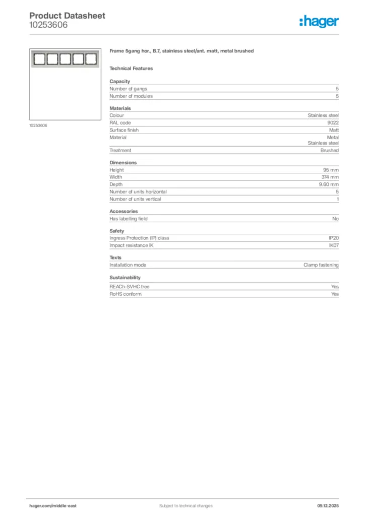 Image Hager Product data sheet 10253606  | Hager